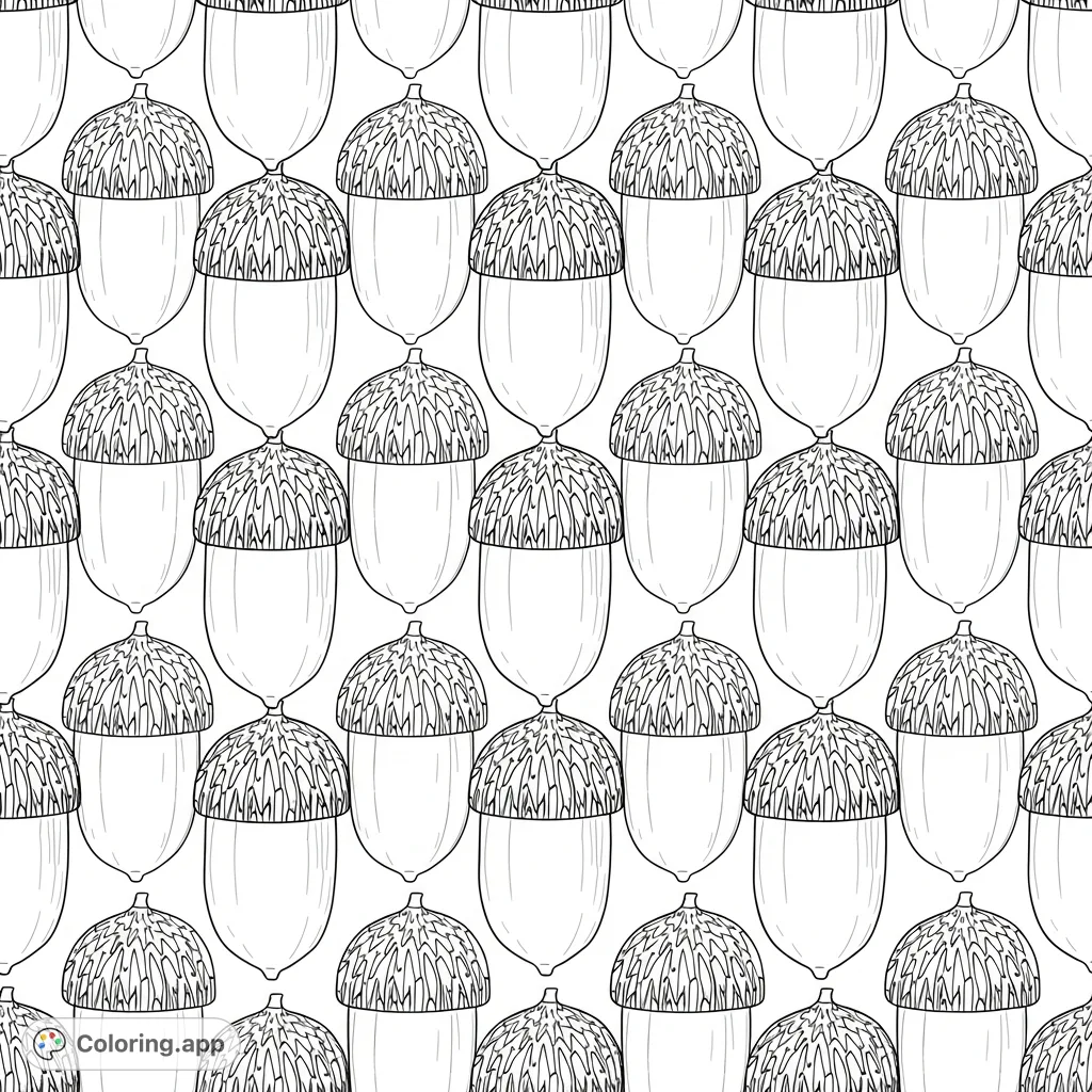 An intricate acorn pattern coloring page featuring a dense, repeating arrangement of elongated nuts with textured caps, perfect for mindful coloring and nature lovers.