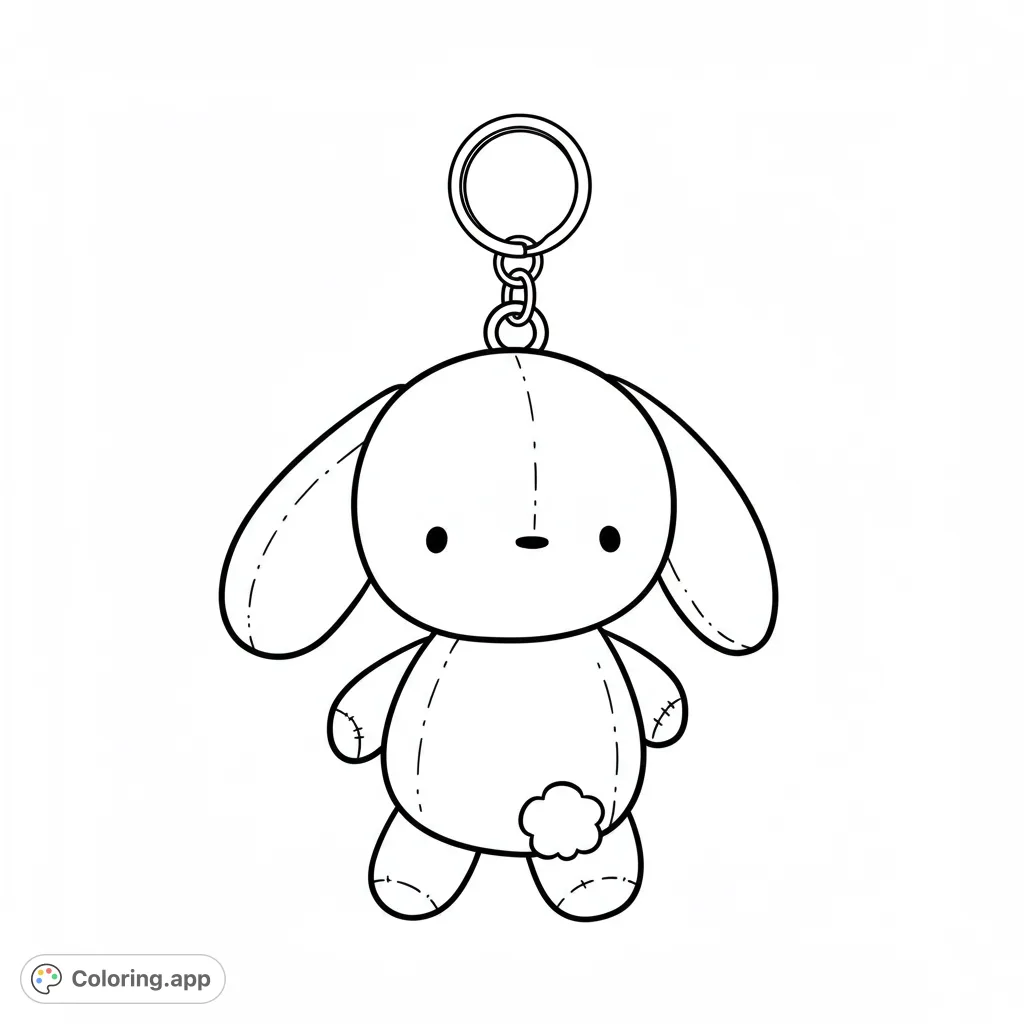 An adorable fabric baby rabbit keychain, perfect for a minimalist coloring page. Features a plush rabbit with floppy ears and a simple ring.