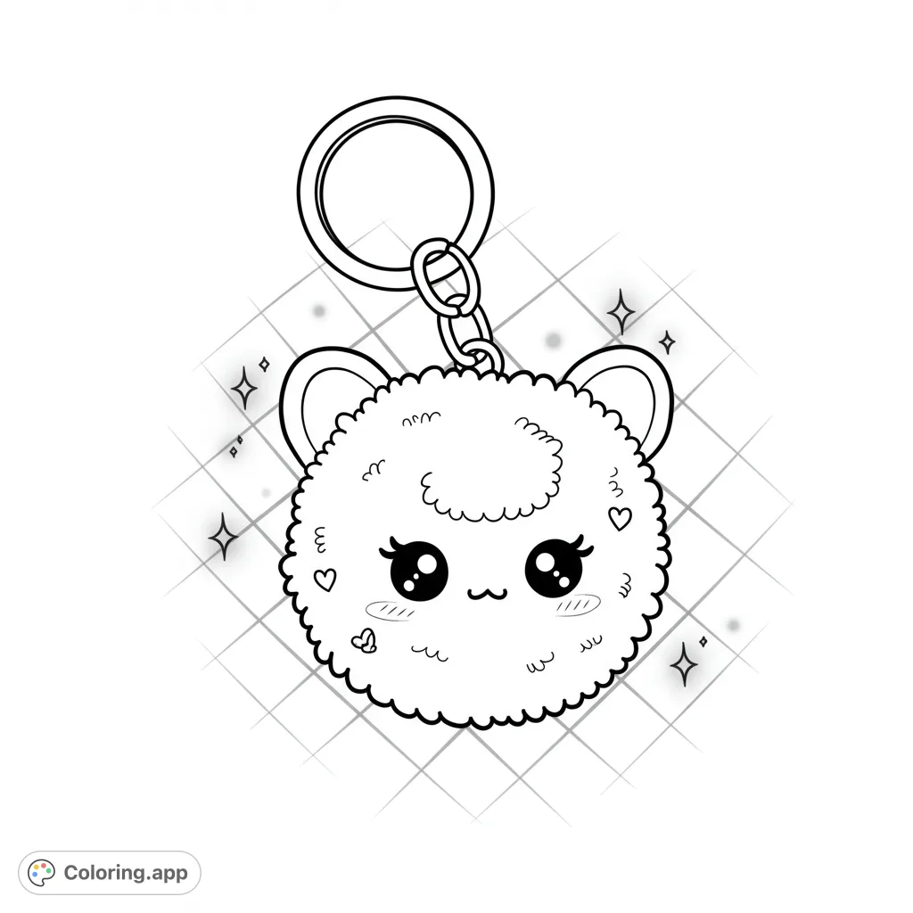 An adorable, fluffy Pompom keychain with a magical aura and heart patterns, set against a grid background. Perfect for a cute, cartoony coloring experience.