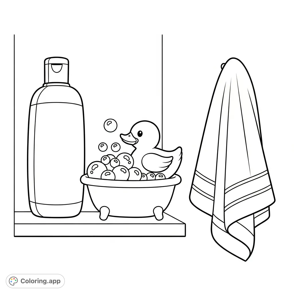 Discover a charming baby bath time scene featuring a lotion bottle, a playful rubber duck in a bubbly tub, and a soft towel. Perfect for gentle coloring.