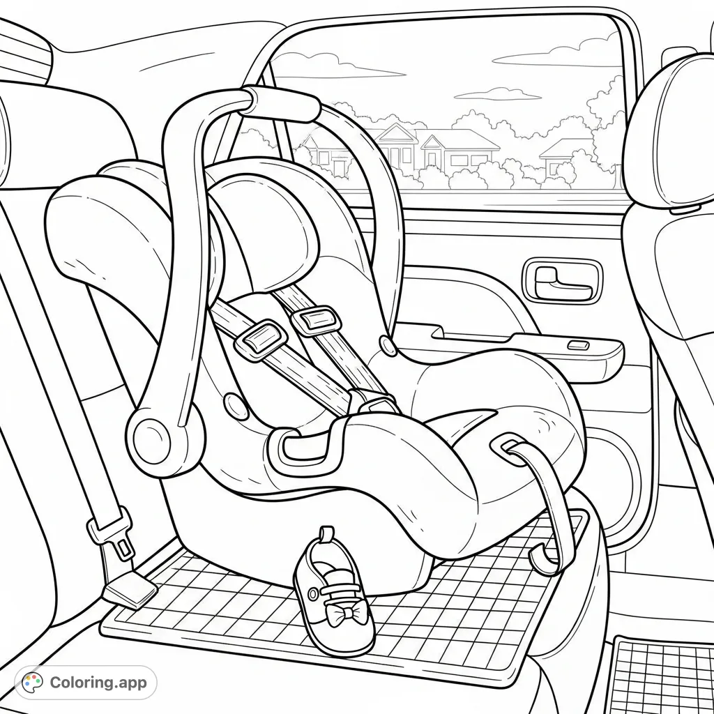 Capture the tender details of a baby car seat with a tiny shoe resting on the floor, set against a backdrop of blurred passing scenery. A heartfelt image for all.