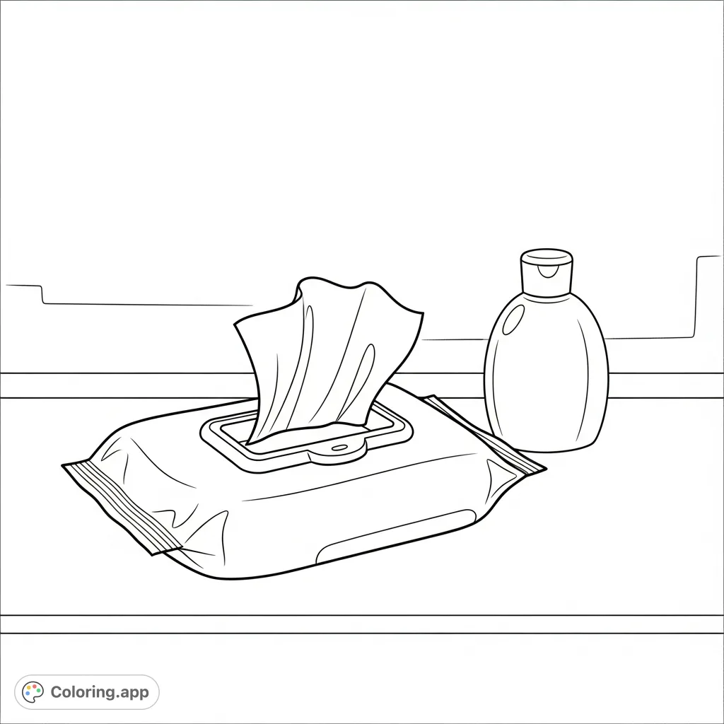 A comforting baby care essentials coloring page featuring an open wipe package, a single wipe ready, and a lotion bottle on a clean changing surface. Perfect for mindful coloring.