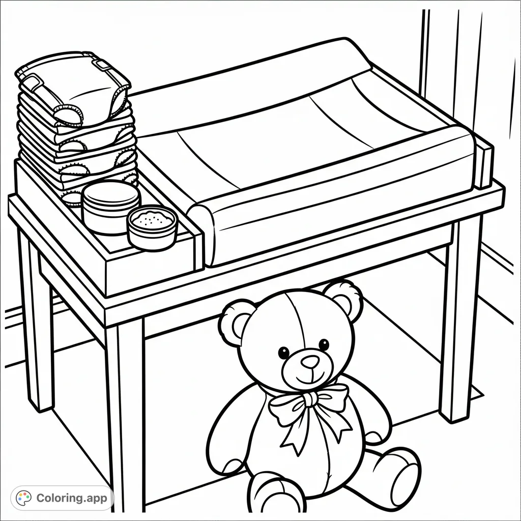 Discover an adorable baby changing table scene with a soft pad, organized diapers, baby powder, and a friendly stuffed bear. Perfect for new parents!