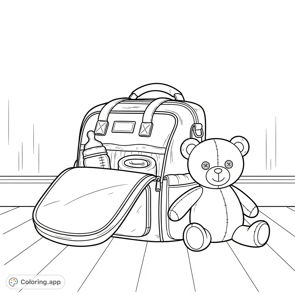 A charming diaper bag sits open with baby essentials and a friendly teddy bear, ready for adventure. Perfect for new parents and kids.