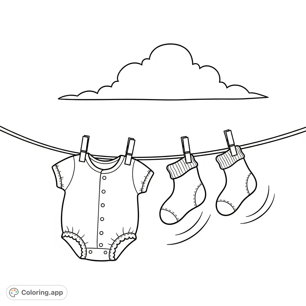 A charming scene featuring a baby romper suit and socks drying on a miniature clothesline beneath a fluffy cloud. Perfect for a peaceful coloring experience.