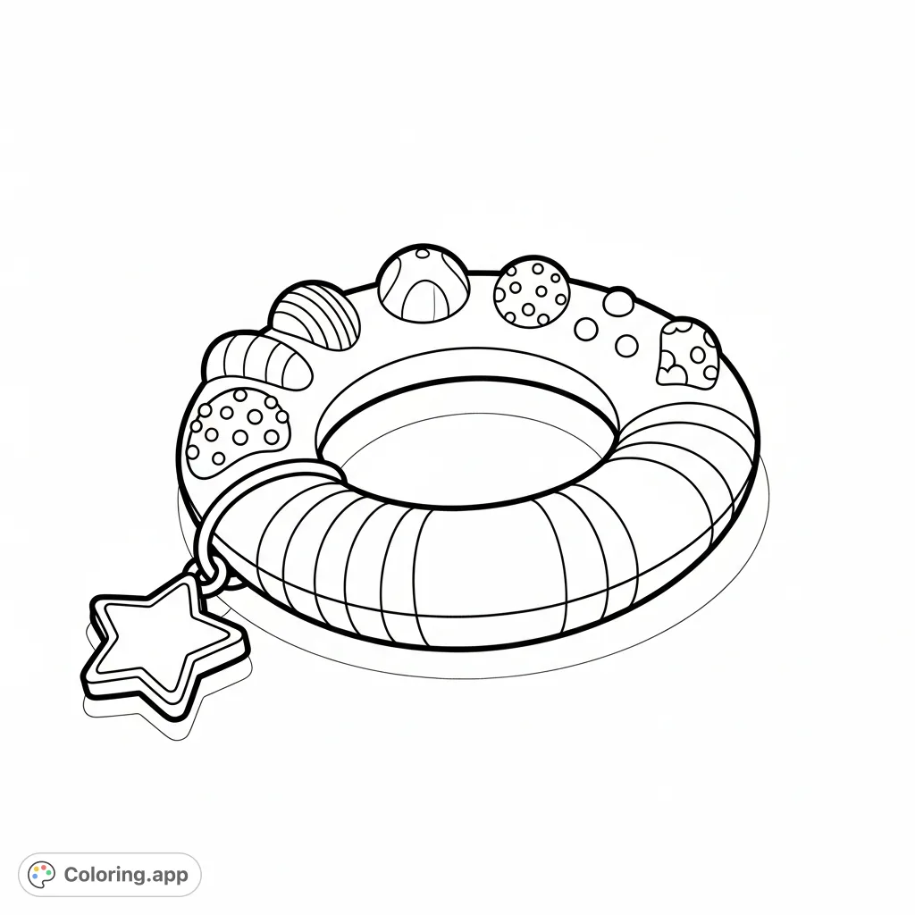 A delightful ring-shaped baby teether with textured bumps, smooth grooves, and a dangling star charm. Perfect for little ones to explore and color.