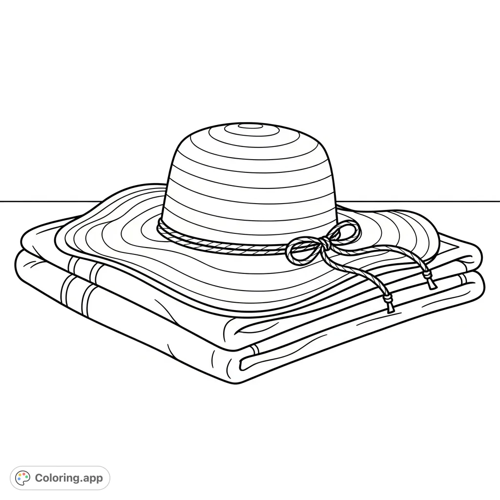 A serene straw hat with a braided cord rests on a soft beach towel, inviting a tranquil moment of coloring. Perfect for a mindful escape.