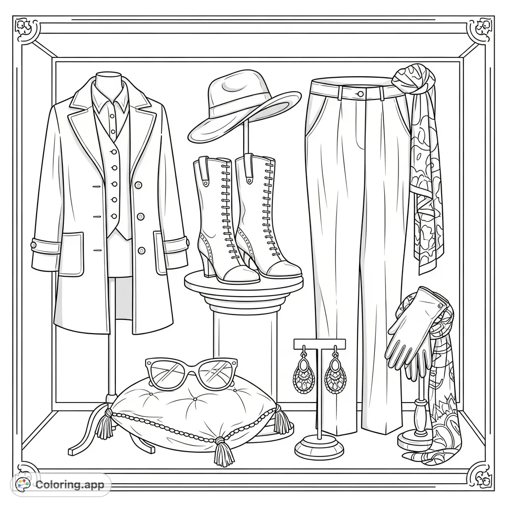 An elegant boutique window showcases women's fashion, featuring boots, a chic hat, sunglasses, a sophisticated coat, tailored pants, earrings, gloves, and a flowing scarf.