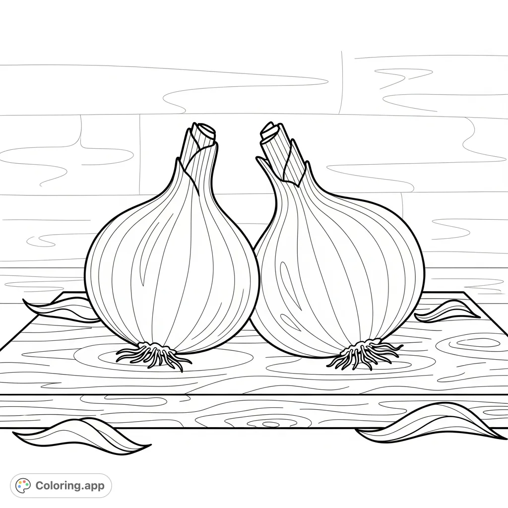 Discover two charming onions with natural layers and root details. A delightful, free printable vegetable coloring page for all ages, perfect for mindful coloring.