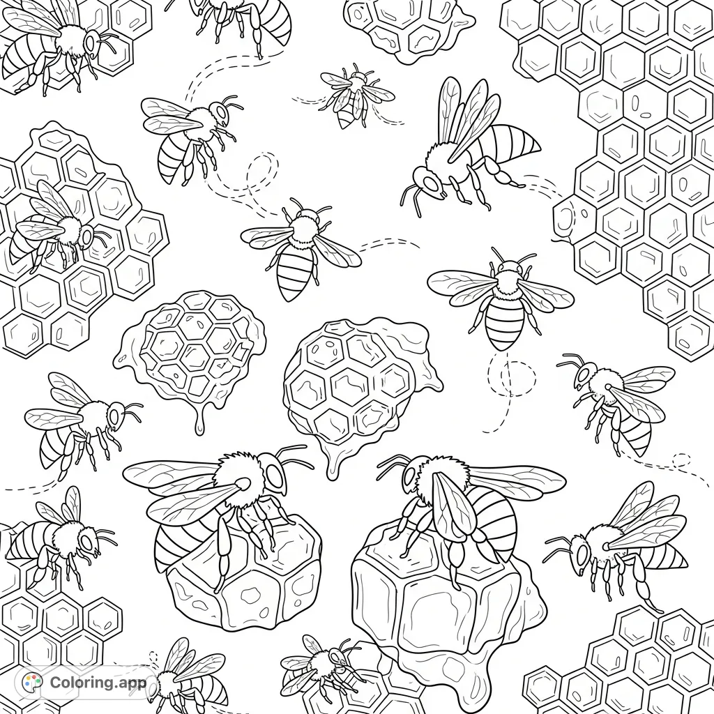 An intricate bee and honeycomb coloring page featuring numerous medium-sized bees buzzing and resting on hexagonal wax cells, creating a vibrant, active nature scene.