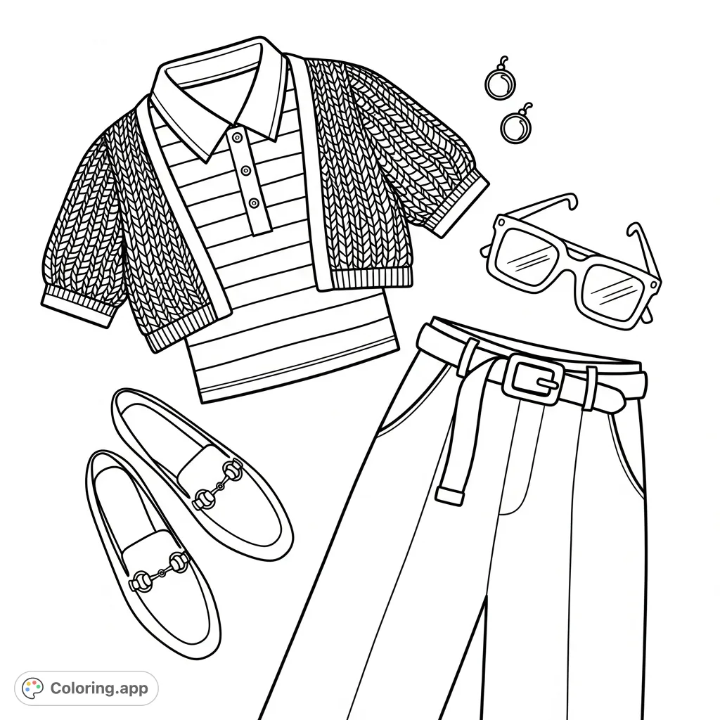 Discover a stylish casual outfit flat lay, featuring a striped polo, knit cardigan, wide-leg trousers, slip-on shoes, sunglasses, and earrings.