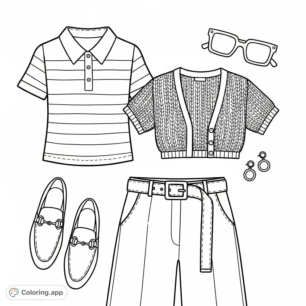 Discover a stylish casual outfit flat lay, featuring a striped polo, knit cardigan, wide-leg trousers, slip-on shoes, sunglasses, and earrings.