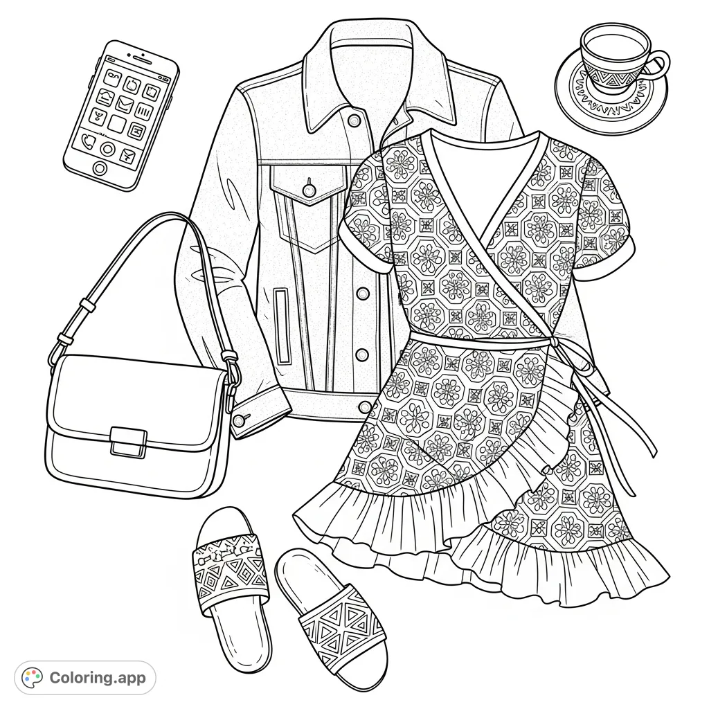 Discover a stylish casual outfit flat lay featuring a denim jacket, patterned wrap dress, shoulder bag, and sandals. Perfect for fashion enthusiasts.