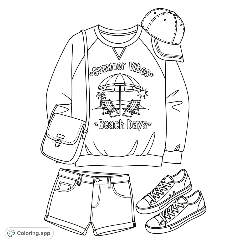 A stylish casual outfit laid flat, featuring a graphic sweatshirt, denim shorts, a crossbody bag, baseball cap, and sneakers. Perfect for fashion enthusiasts.