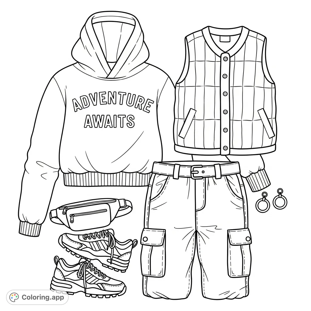 Explore a stylish casual outfit flat lay coloring page, featuring a hooded top, quilted vest, cargo pants, athletic shoes, fanny pack, and hoop earrings.