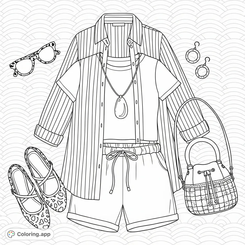 Discover a stylish casual outfit flat lay coloring page, featuring a striped shirt, shorts, ballet flats, and accessories for creative expression.