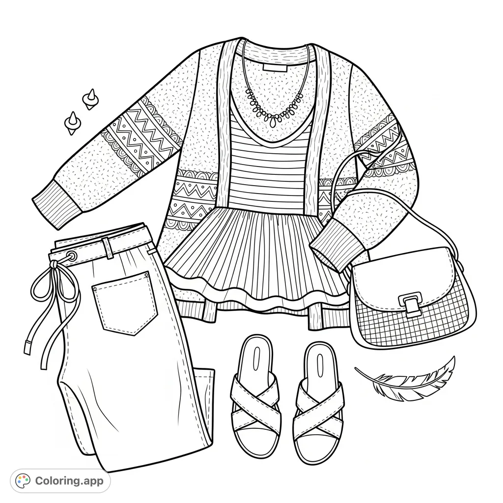 Explore a stylish casual outfit flat lay coloring page, featuring a textured cardigan, striped top, trousers, handbag, and sandals. Perfect for fashion enthusiasts.