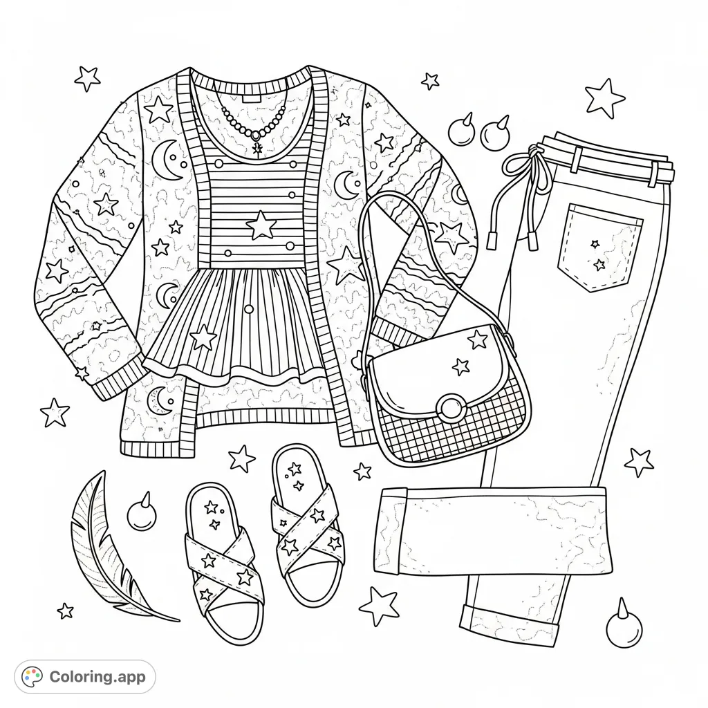 Explore a stylish casual outfit flat lay coloring page featuring a patterned cardigan, striped top, trousers, handbag, and sandals. Perfect for fashion enthusiasts.