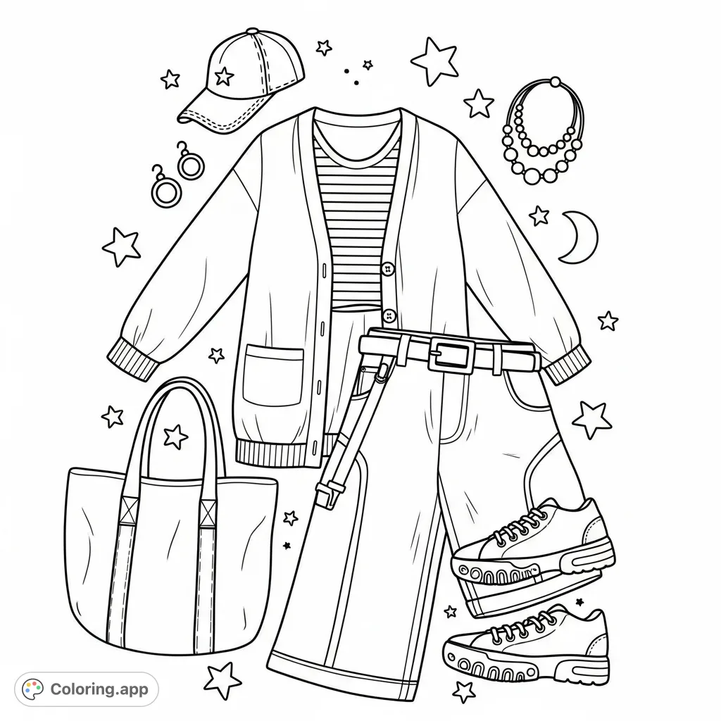Discover a stylish casual outfit flat lay coloring page, featuring a cardigan, striped top, wide-leg jeans, sneakers, and accessories.