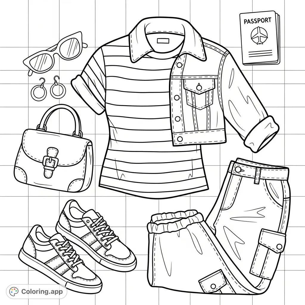 Explore a stylish casual outfit and travel accessories in this detailed flat lay coloring page, perfect for fashion enthusiasts and travel dreamers.