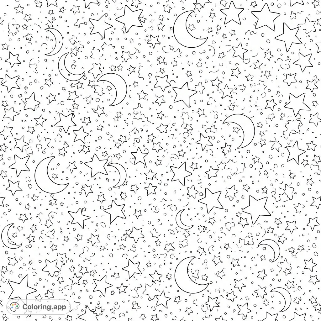 Discover a serene celestial coloring page featuring a scattered array of stylized stars and crescent moons, inviting a cosmic journey of creativity.