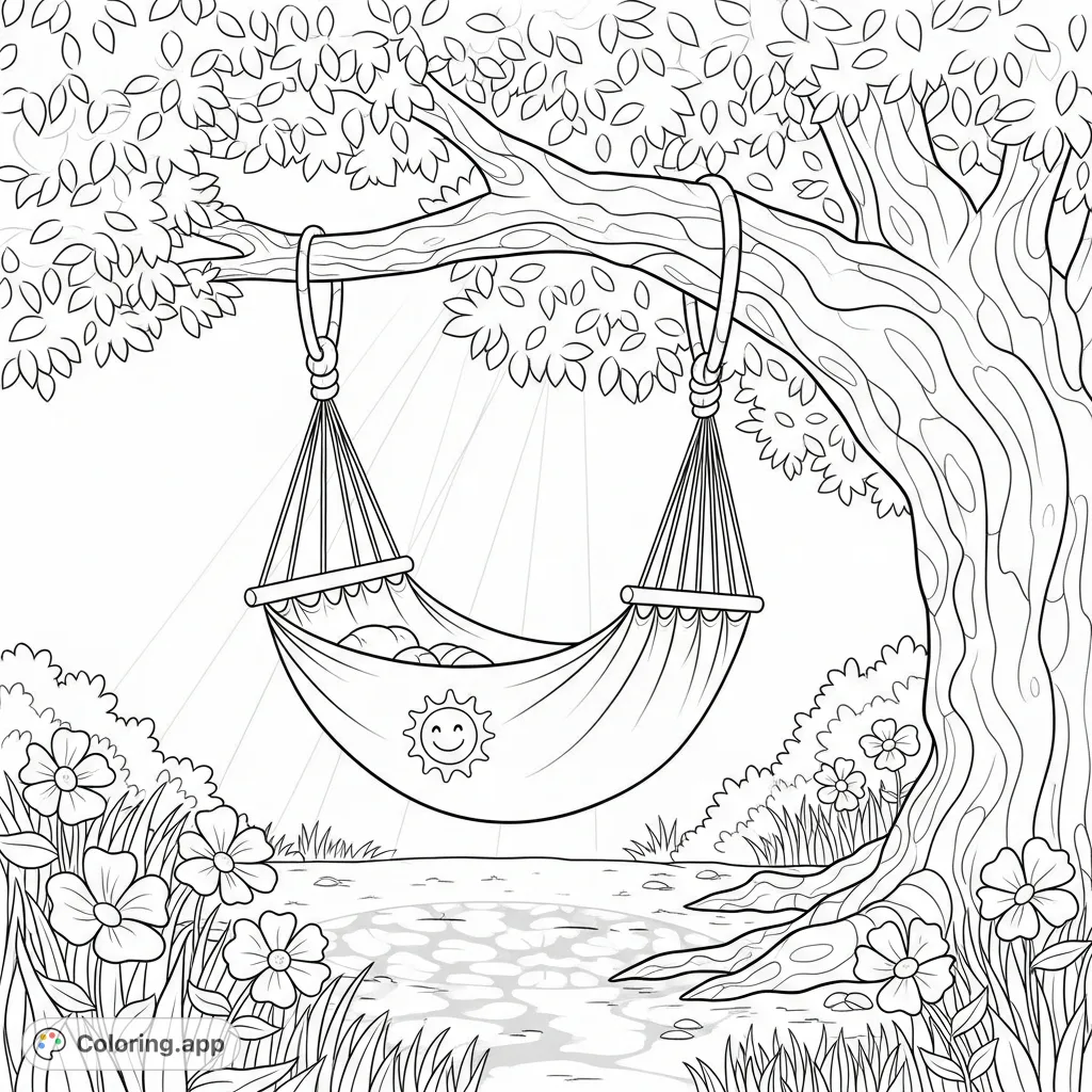A serene garden scene with a charming baby hammock gently swaying from a leafy tree, featuring a smiling sun emblem. Perfect for a peaceful coloring session.