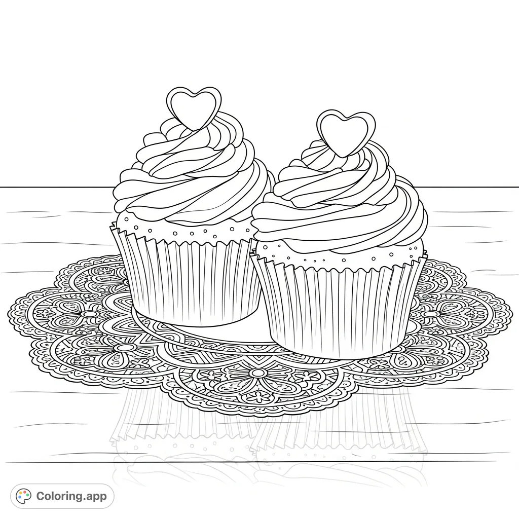 Indulge in this delightful cupcake coloring page, featuring two charming cupcakes with frosting swirls and candy hearts, resting on an intricate lace doily.