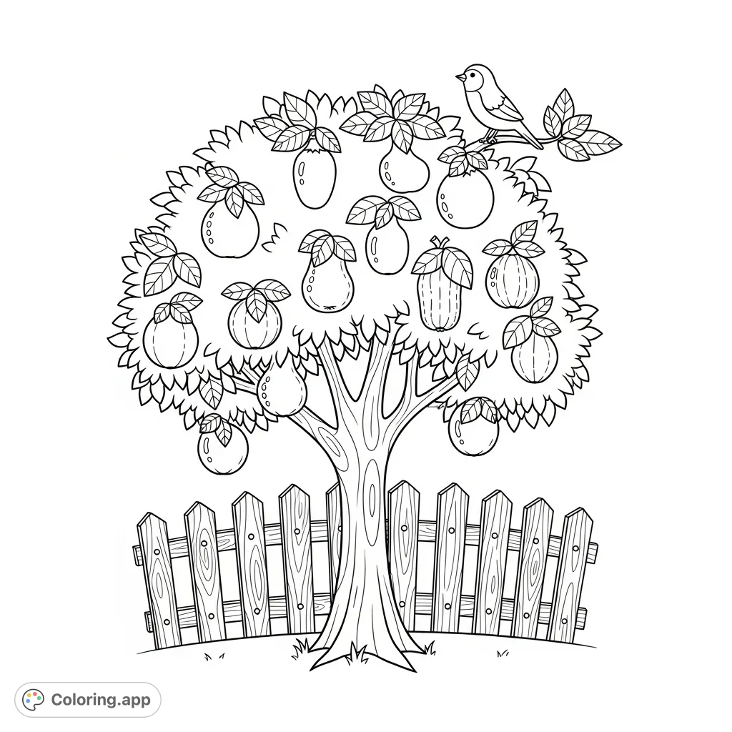 A delightful fruit tree laden with diverse fruits stands by a quaint wooden fence, observed by a small bird. Perfect for a relaxing nature-themed coloring page.