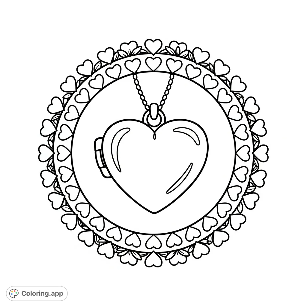 A beautiful heart locket coloring page featuring a central locket suspended from a chain, surrounded by a circular pattern of small hearts and stylized leaves.
