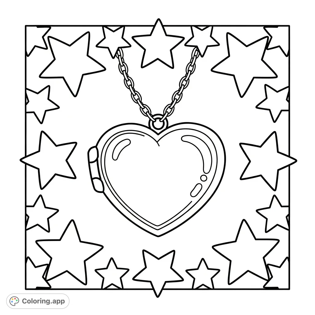 Discover a charming heart locket suspended from a delicate chain, surrounded by a symmetrical pattern of five-pointed stars. A classic, inviting design.