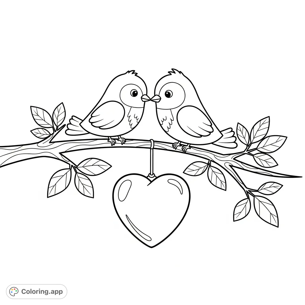 Two stylized birds share a tender moment on a curved branch, with a swinging heart between them. A charming scene perfect for creative coloring.