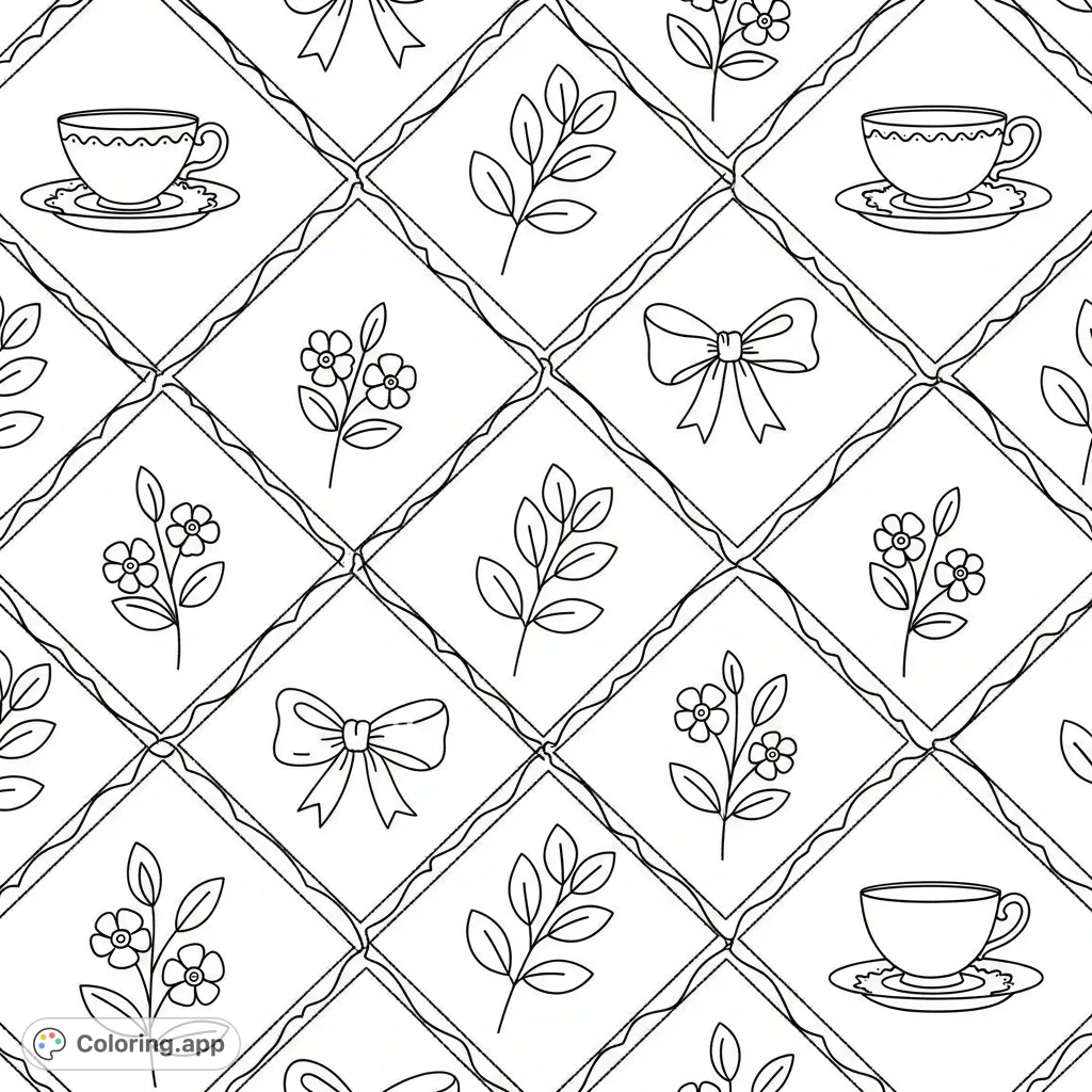 A delightful diagonal quilted pattern featuring charming motifs: delicate teacups, pretty bows, clusters of blossoms, and elegant leafy sprigs, all bordered by intertwining vines.