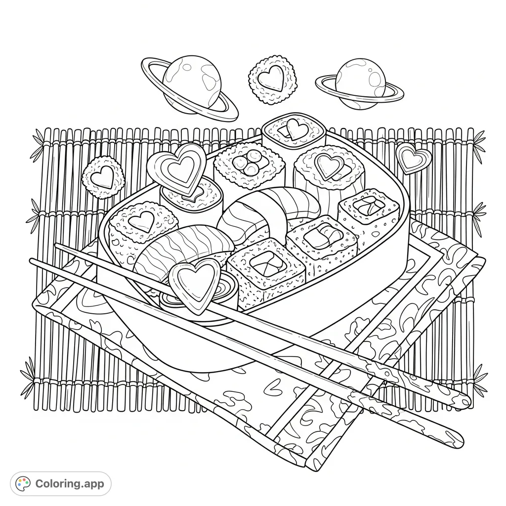 Delight in a charming sushi bento box coloring page, featuring various sushi rolls, each adorned with a sweet rice or bell pepper heart. Elegant chopsticks rest on a patterned napkin, all on a woven bamboo mat.