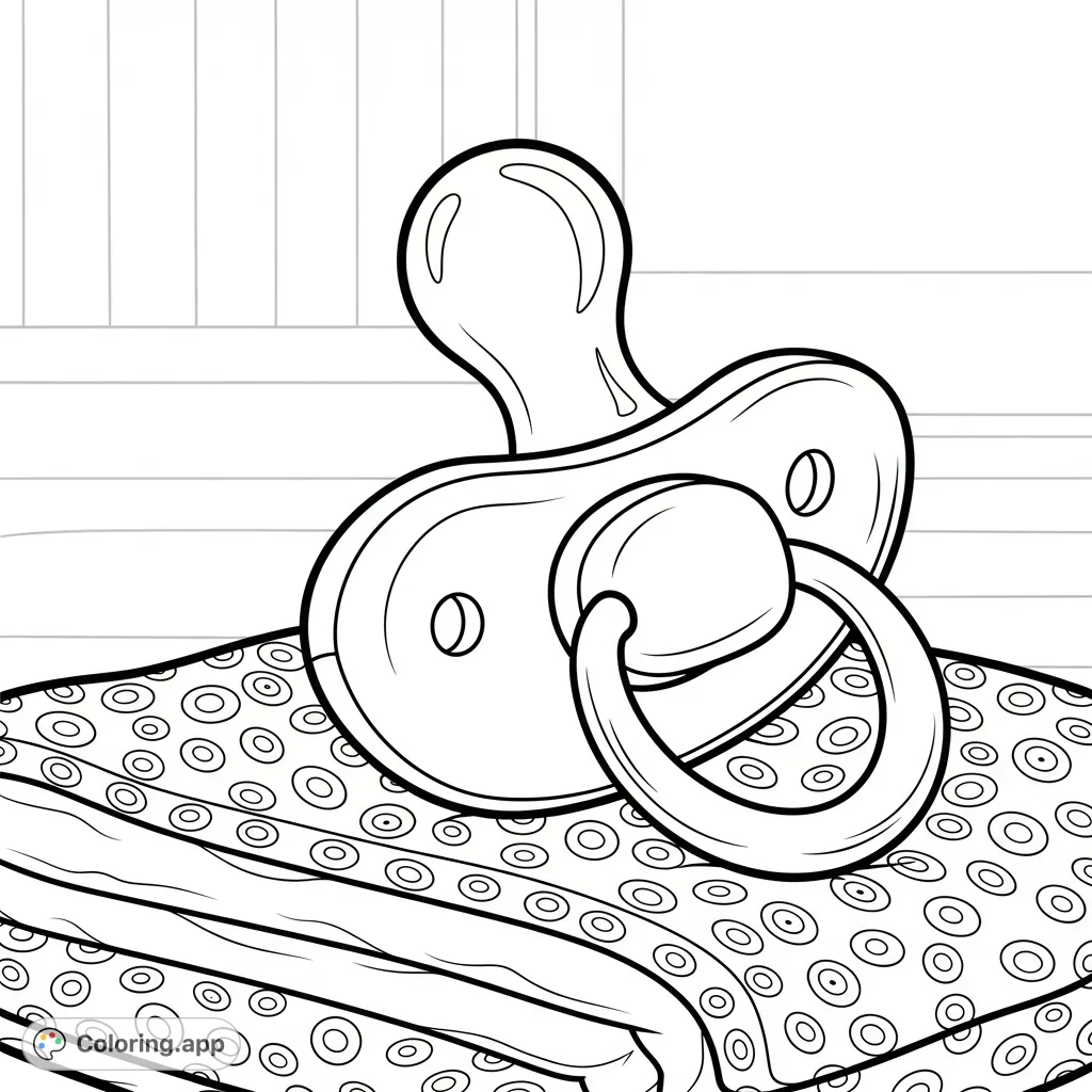 A sweet pacifier with a ring handle rests on a soft, patterned blanket, inviting gentle colors in a cozy nursery scene. Perfect for baby-themed coloring.