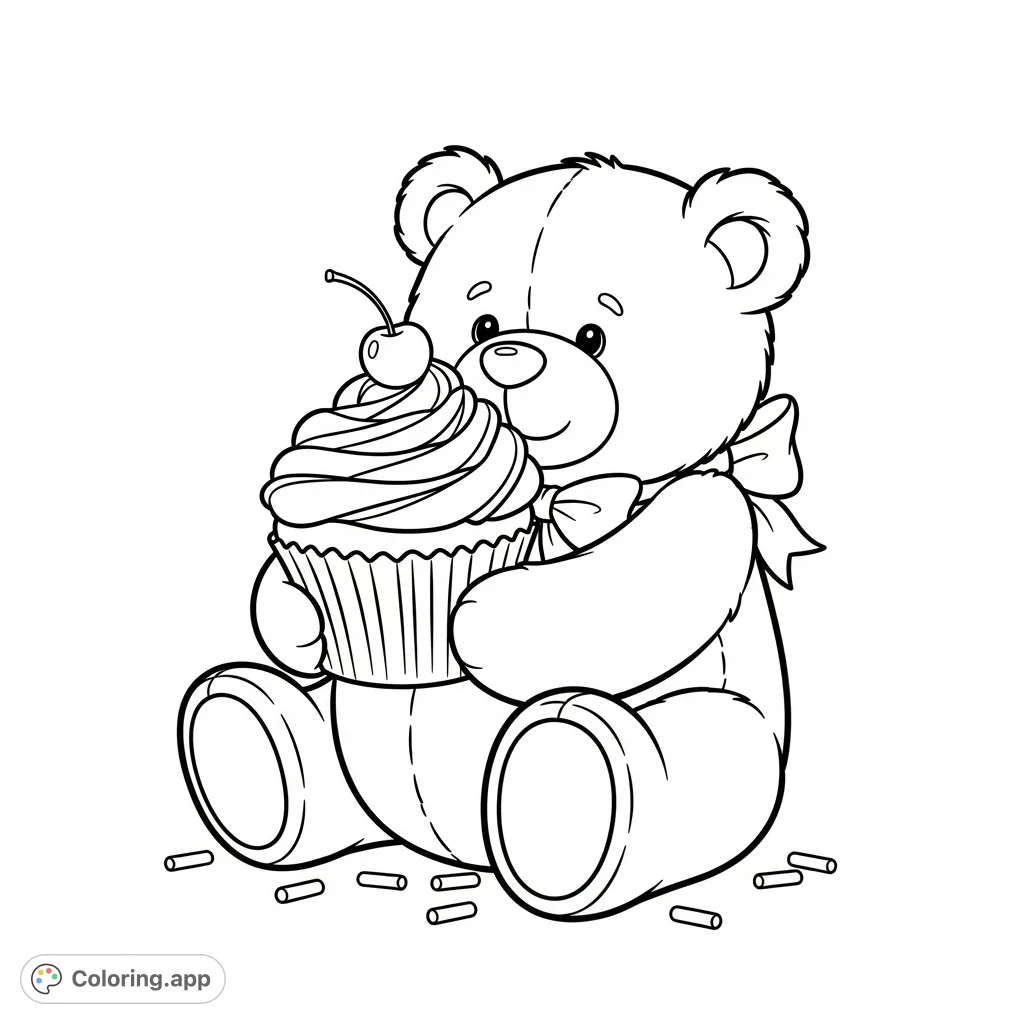 A delightful teddy bear sits happily, holding a grand frosted cupcake topped with a cherry. Perfect for a cozy coloring experience, bringing joy with every stroke.
