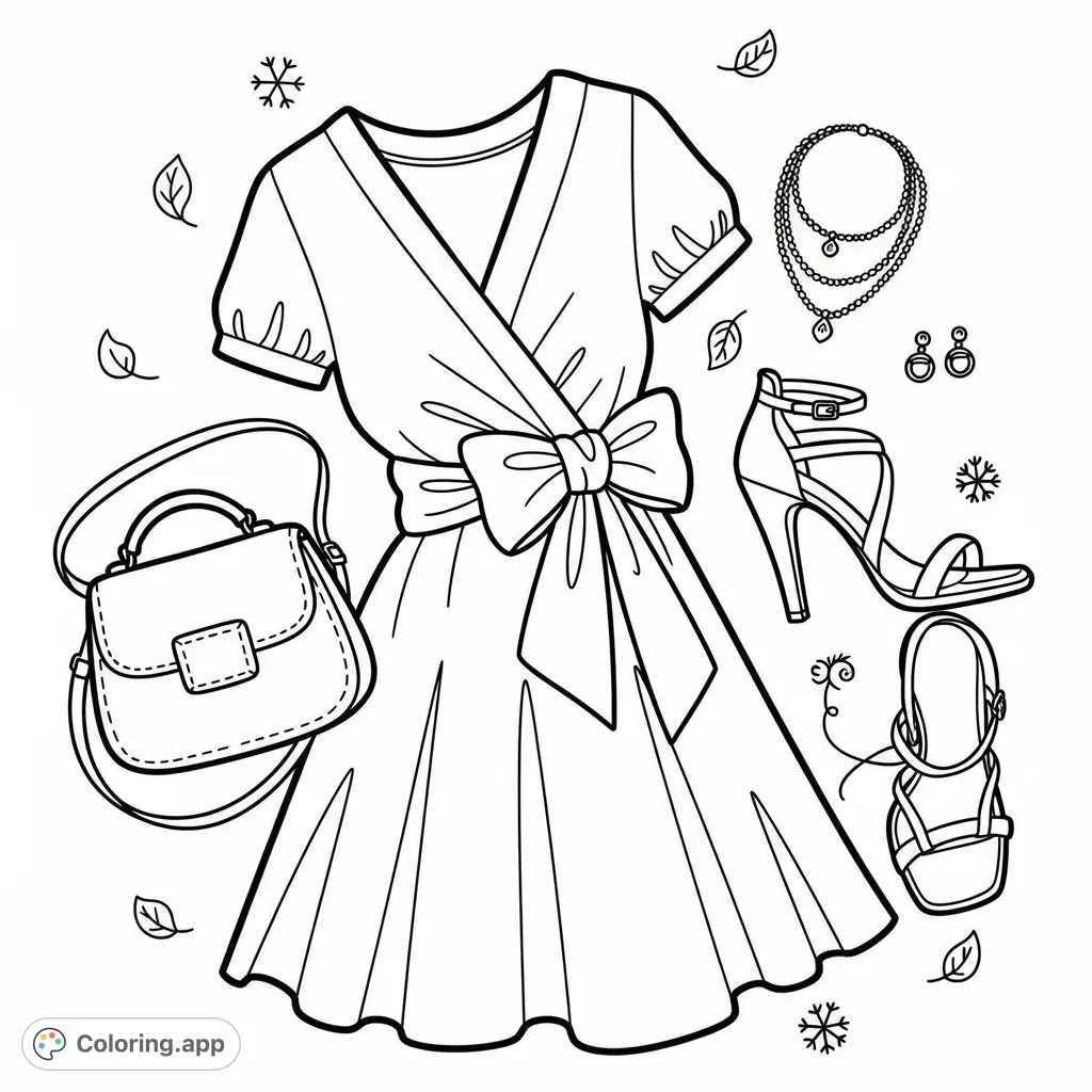 A chic ensemble featuring a V-neck wrap dress with a large bow, a structured handbag, high-heeled sandals, and delicate jewelry, all laid out on a surface.