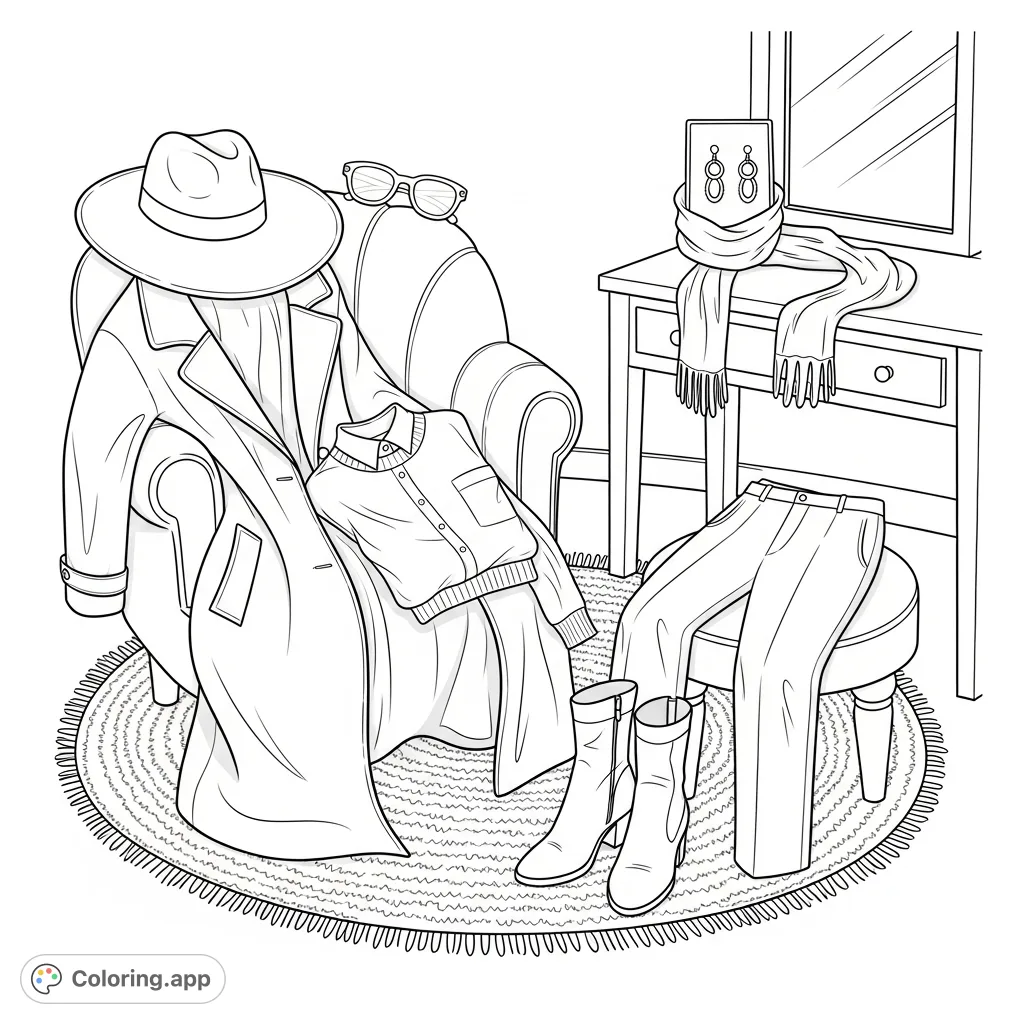 Explore a luxurious dressing room featuring a stylish women's outfit, complete with a wide-brimmed hat, coat, and accessories.