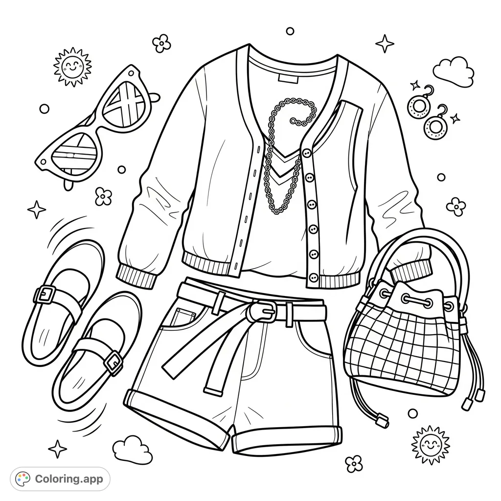 Discover a stylish everyday outfit laid flat, featuring a cardigan, V-neck top, shorts, and accessories. A perfect fashion coloring page for creative expression.