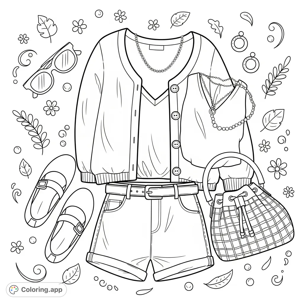 Discover a stylish everyday outfit laid flat, featuring a cardigan, V-neck top, shorts, and accessories. A perfect fashion coloring page for creative expression.
