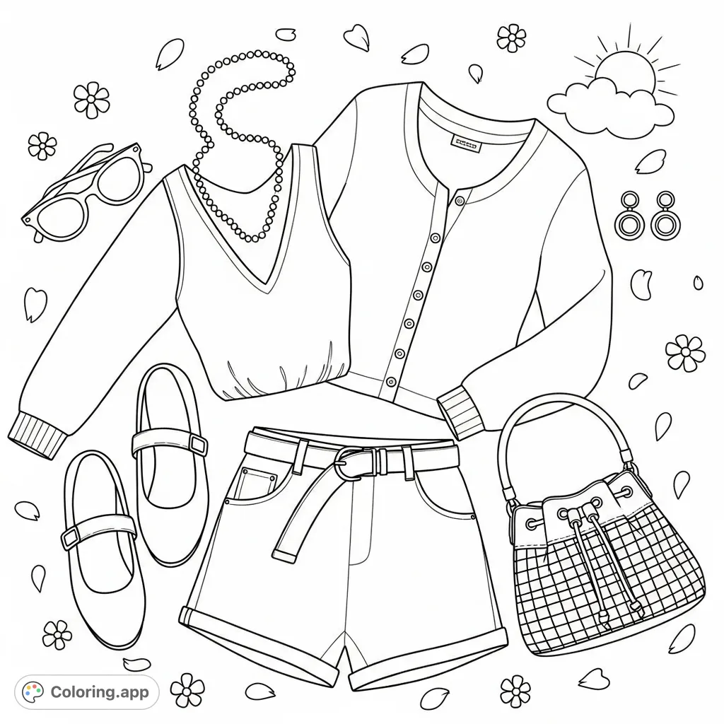 Discover a stylish everyday outfit laid flat, featuring a cardigan, V-neck top, shorts, and accessories. A perfect fashion coloring page for creative expression.