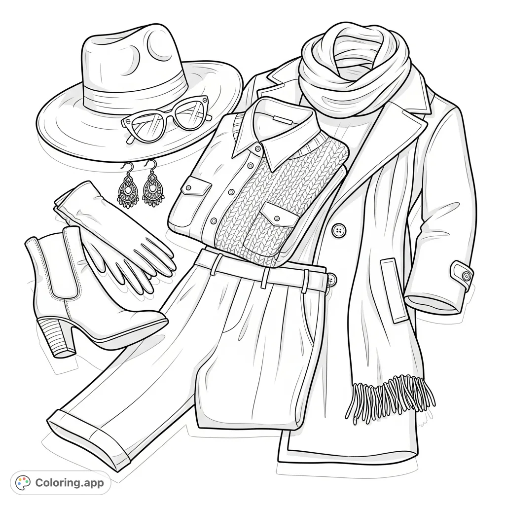 Explore a sophisticated fashion coloring page featuring a chic women's clothing ensemble, complete with a hat, sunglasses, tailored garments, and elegant accessories.