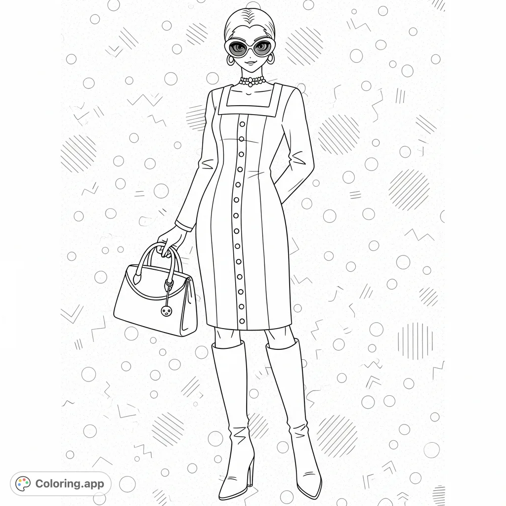 Color a chic figure in a stylish dress, knee-high boots, and oval sunglasses, holding a structured handbag. A sophisticated fashion coloring page.