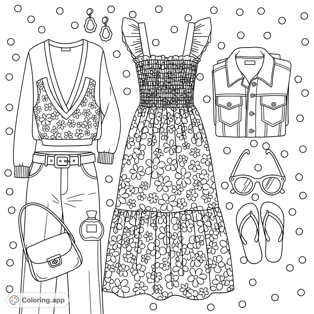 Explore a stylish fashion flat lay coloring page featuring a floral dress, denim jacket, accessories, and more, all arranged on a polka dot surface.