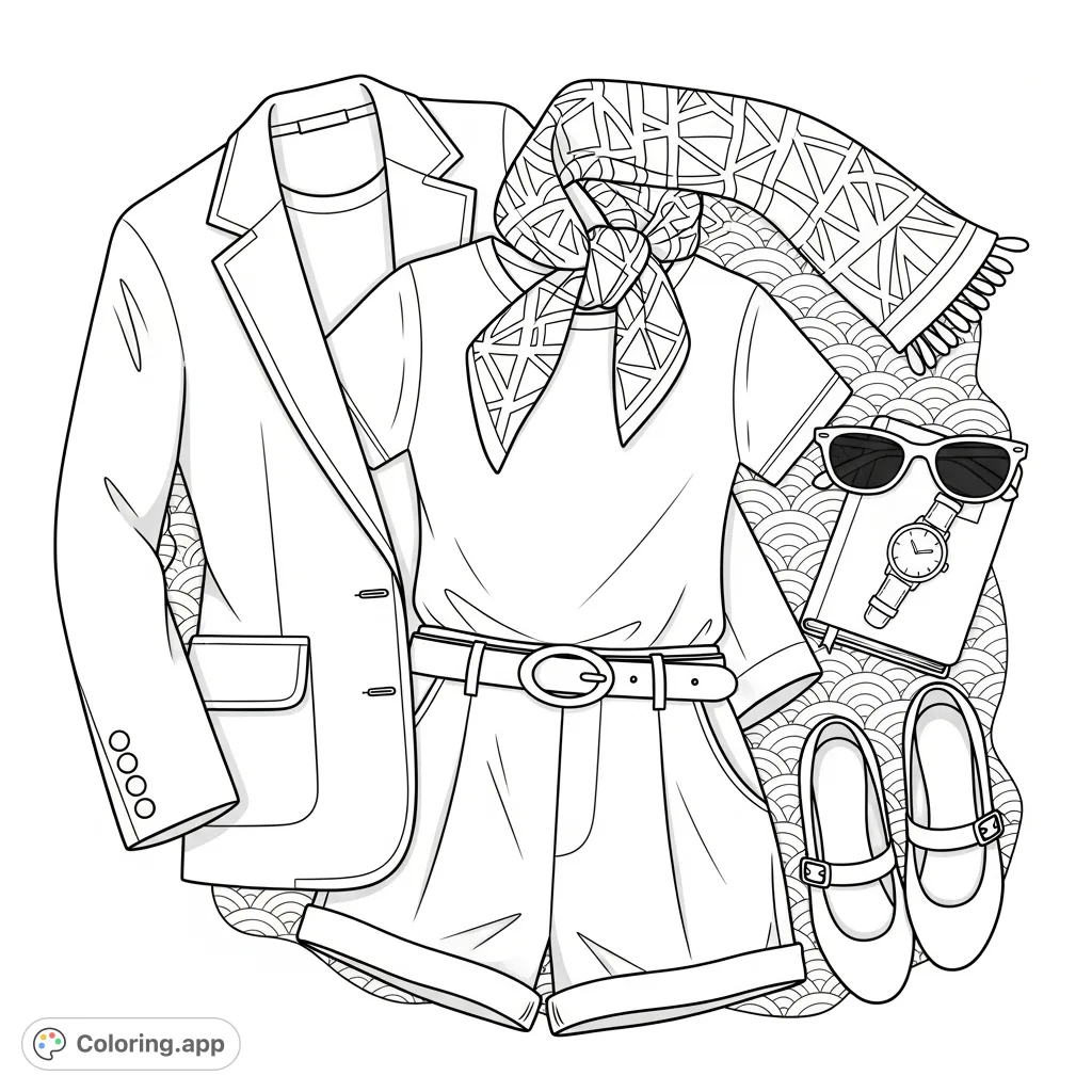 Discover a stylish flat lay outfit featuring a blazer, t-shirt, pleated shorts, and accessories. A perfect fashion coloring page for creative expression.