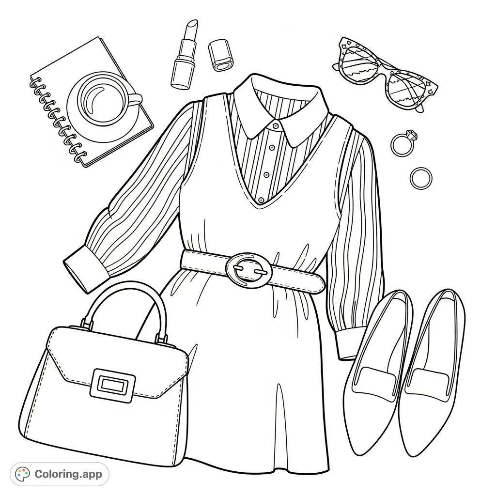 Discover a stylish flat lay fashion coloring page featuring a layered outfit, elegant accessories, and personal items. Perfect for fashion enthusiasts!