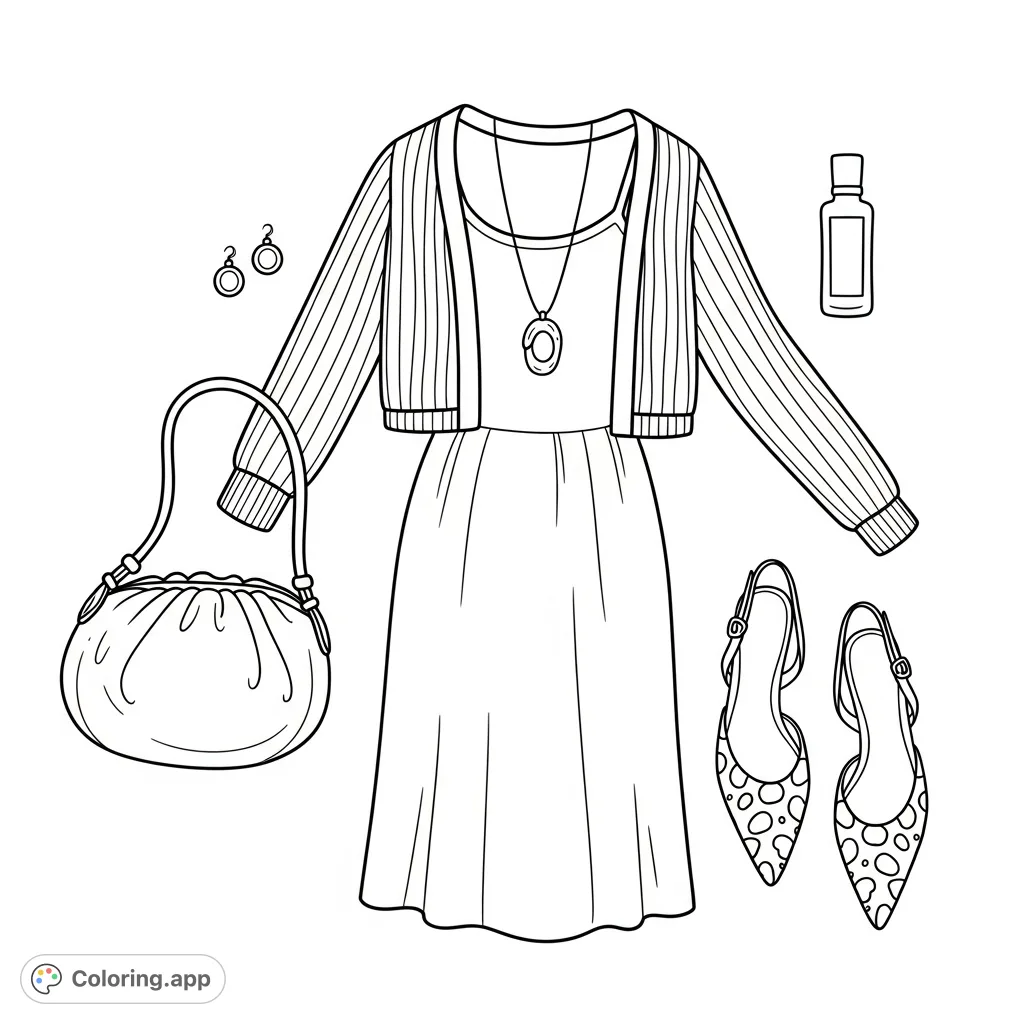 Discover a stylish flat lay outfit coloring page featuring a midi dress, ribbed cardigan, spotted heels, and elegant accessories. Perfect for fashion enthusiasts!
