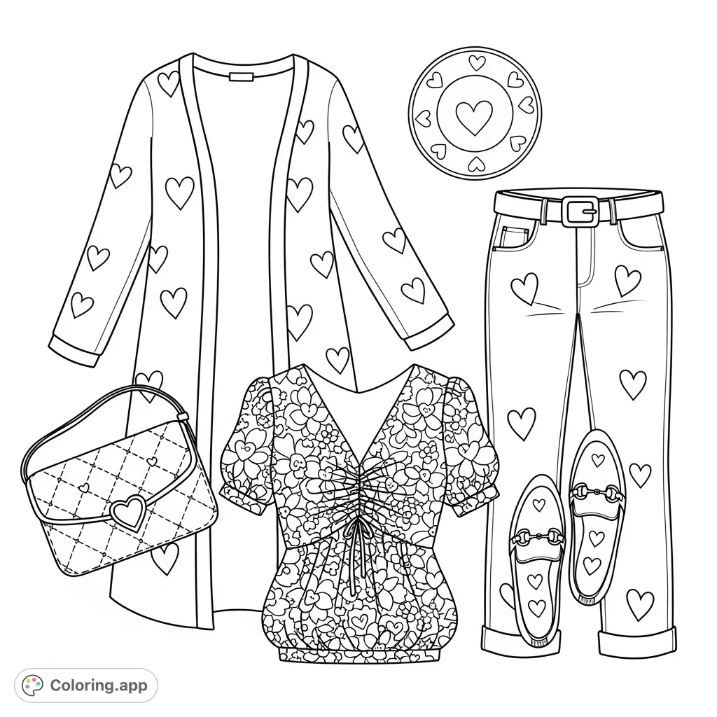 Discover a stylish women's outfit in a detailed flat lay composition, featuring a cardigan, floral blouse, cuffed jeans, slip-on shoes, and a quilted clutch.