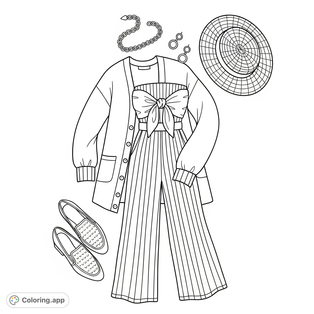 Discover a stylish flat lay outfit featuring a striped jumpsuit, cardigan, woven hat, and accessories. A fashionable coloring page for creative expression.