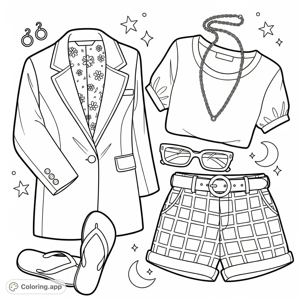 Discover a stylish flat lay outfit featuring a blazer with floral lining, gingham shorts, and accessories. A perfect fashion outfit coloring page.
