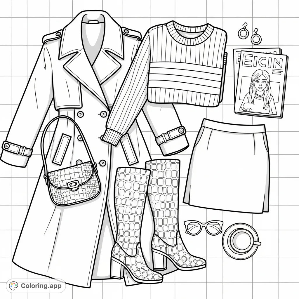 Discover a stylish flat lay outfit featuring a trench coat, ribbed sweater, skirt, and textured boots. Perfect for fashion enthusiasts and detailed coloring.